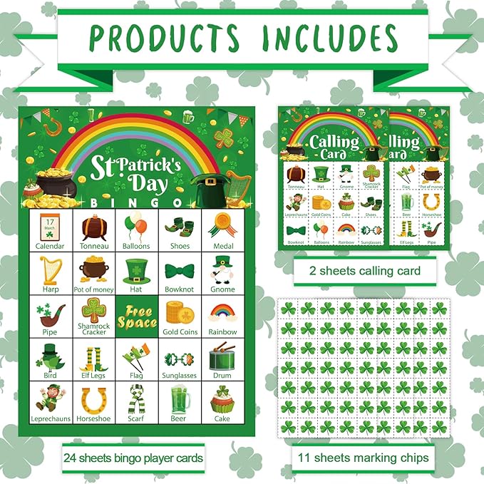 St Patrick's Day Bingo Games Cards for Adult Boy Girl, 24 Players St Patrick's Day Party Bingo Games Irish Shamrock Bingo Cards for Saint Patrick's Day Family School Classroom Activities