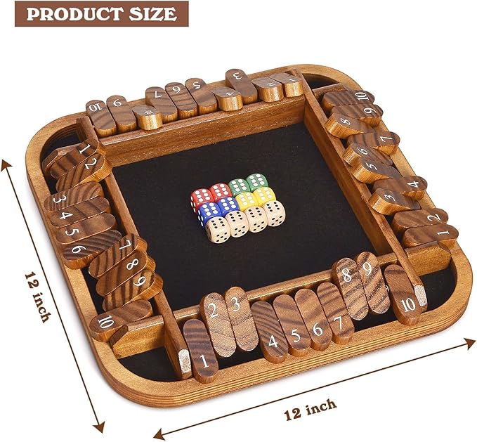 1-4 Players Shut The Box Dice Game,12" Wooden Board Table Math Games with 12 Dice and Storage Bag for Kids Adults Classic Tabletop Version for Classroom,Home,Party or Pub