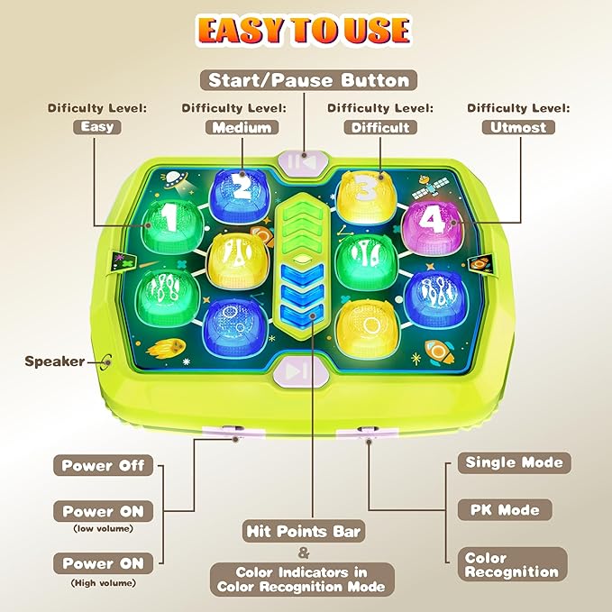 Whack Mole Game Toy for Toddler, Toys for 3 4 5 6+ Year Old Boys/Girls, Interactive Educational Pounding Toys with 2 Hammers, Music & Light, 3 Modes, Birthday Xmas Gifts for Boys Girls Kids Age 3+