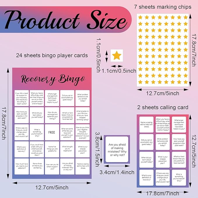 Faccito 33 Pcs Recovery Bingo Games with 24 Players Bingo Cards 7 Sheet Tearable Cross Chips 2 Calling Cards Questions Group Therapy Game for Adults and Family Vacation Holiday Party Favors