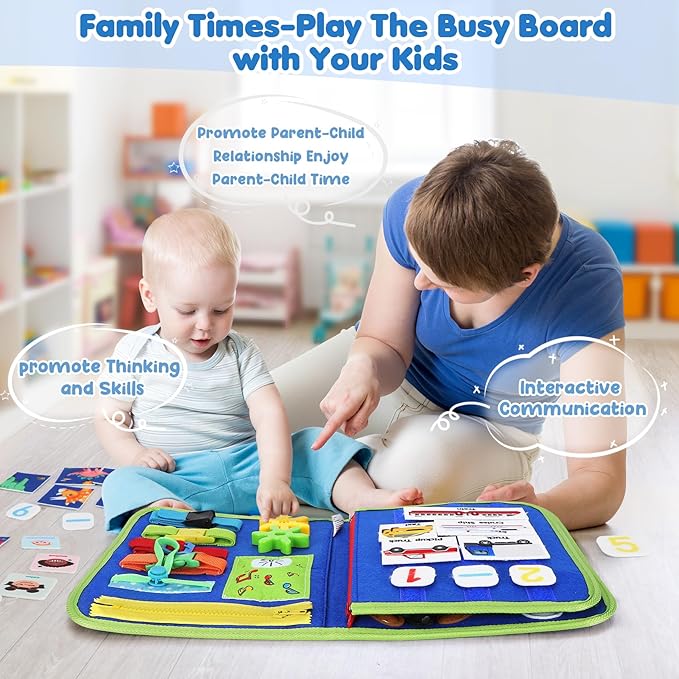 Busy Board for Toddlers Boys Girls Montessori Toys for 1 2 3 4 Year Old, Busy Book Preschool Learning Activities with Alphabet Number, Animal Travel Toys Birthday Gifts for Plane Car Motor Skills