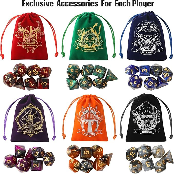 D&D Dice Set with Characters Pattern Dice Pouches, 42 Pcs polyhedral dice Set, PU Leather and Velvet dice Tray for Dungeons and Dragons D&D RPG MTG Table Games Starry Sky