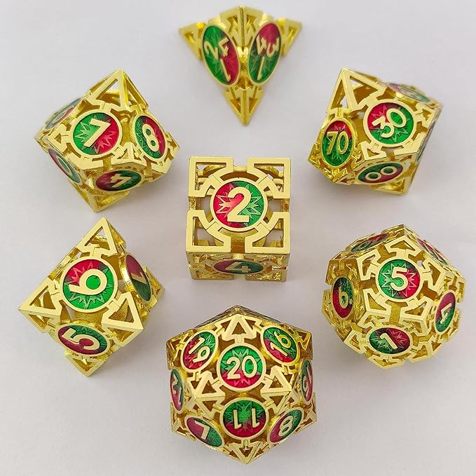 Metal DND Dice Set - D&D Dungeons & Dragons Polyhedron Metal Hollow Dice 7 Piece Set Board Game Cosplay Dice Accessories Gift MTG Pathfinder - Red & Green
