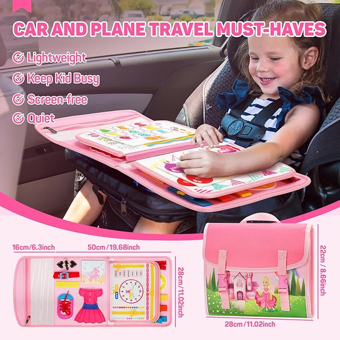 Cokouchyi Toddler Busy Board Backpack Travel, Montessori Toys for 1-4 Year Old Toddlers, First Birthday Gifts for Toddler Girl Age 1-4, Learning Educational Sensory Busy Book for Travel, Princess