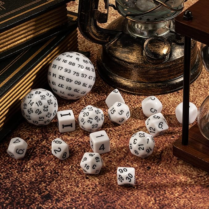 15 Pieces Complete Polyhedral DND Dice Set D3-D100 Spherical D&D Dice Set with Dragon Eye Dice Bag, D100 Dice for Dungeons and Dragons, RPG, MTG Table Games(White w/Black Numbers)