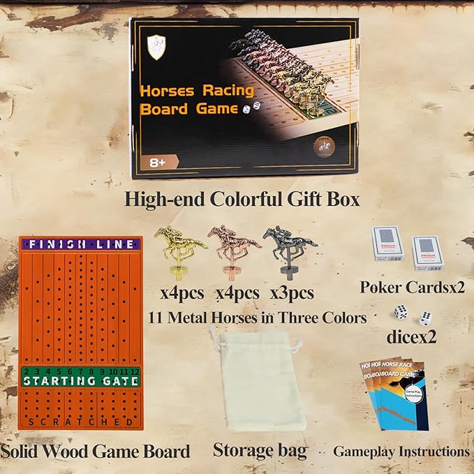 Horse Racing Board Game Solid Wood Horse Race Card and Dice Board Game Luxury Edition Set with 11 Metal Horses 2 Dices and 2 Boxes of Cards（Rectangle,Red Peach）…