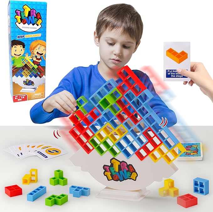WOWNOVA 32PCS Tetra Tower Stacking Building Balance Block Game Toys for Kids, Adults & Family Game Night, Balancing Blocks Board Games Stacking Fun Toy for Children, Teens, Adults, Friends, Parties