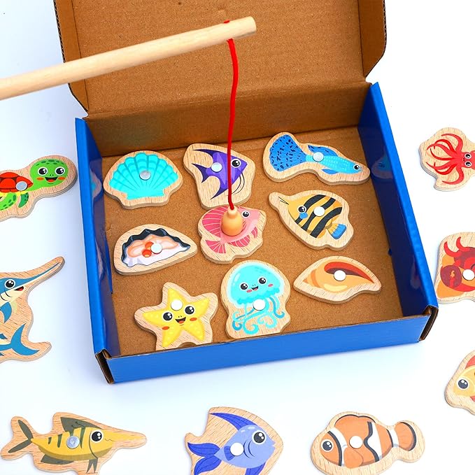 ONEST 34 Pieces Magnetic Fishing Game for Kids Wooden Magnet Fishing Game Wooden Magnetic Toys for Kindergarten Preschool Girl Boy