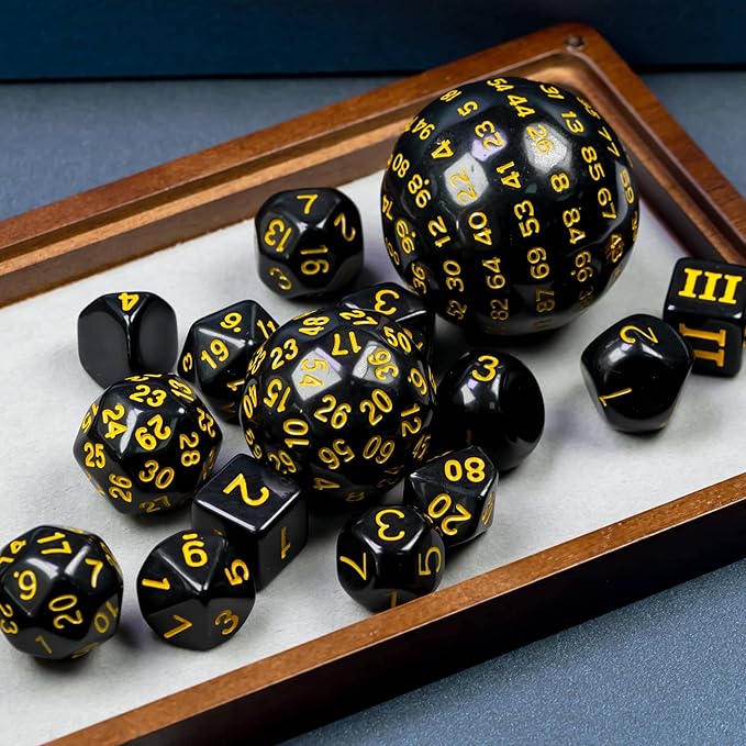 15 Pieces Complete Polyhedral DND Dice Set D3-D100 Spherical D&D Dice Set with Dragon Eye Dice Bag, D100 Dice for Dungeons and Dragons, RPG, MTG Table Games(Black w/Yellow Numbers)