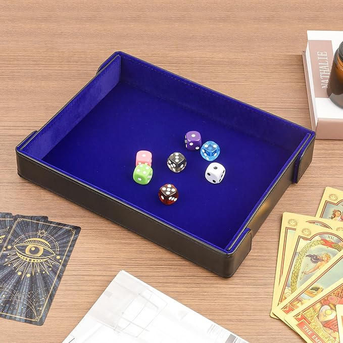 PU Leather Dice Tray Magnetic Folding Dice Rolling Mat with Blue Felt Lining for Dice Games Portable Tabletop Board Games Tray