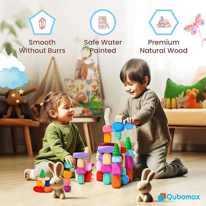 40 Pcs Wooden Stacking Rocks & Sensory Learning Toys for Ages 3-9 | Develops Motor Skills & Creativity for Girl or Boy - Stacking Blocks for Birthday Gift