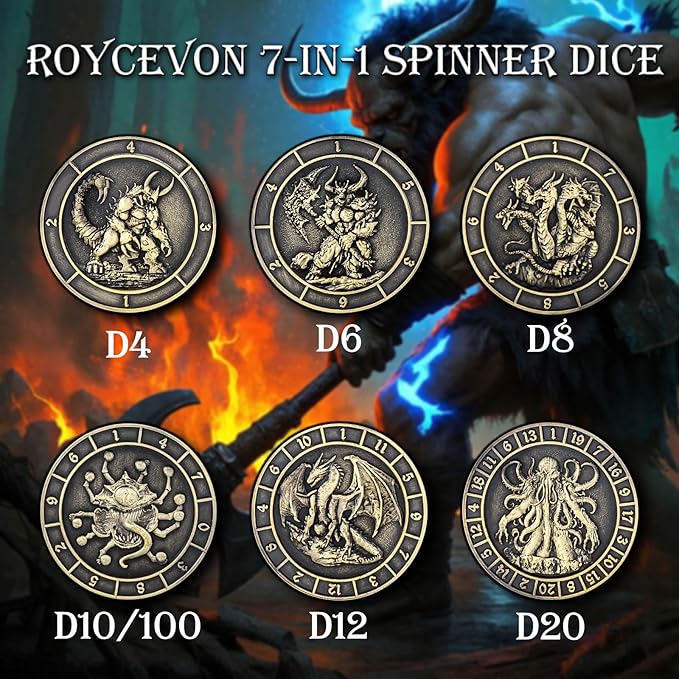 7 in 1 Spinner DND Dice Set, Metal D and D Dragon Dice with Gift Box, Role Playing Dice, Bronze