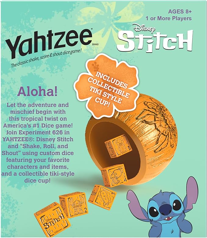 USAOPOLY YAHTZEE: Disney Stitch, Collectible Tiki Style Dice Cup, Classic Dice Game Based on Disney’s Lilo & Stitch, Great for Family Night, Officially Licensed Disney Game & Merchandise