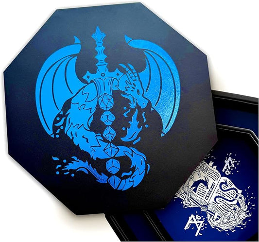 Blue Fire Dragon Dice Tray with Dice Sword and Wizard Book Artwork – 9" Octagon with Lid, Holds 5 Dice Sets – Perfect for D&D, Pathfinder, Call of Cthulhu, and All Tabletop RPGs