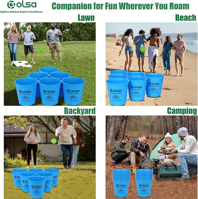 OLSA Giant Yard Pong Yard Games, Toss Family Party Set with 12 Buckets, Balls & Strength Carrying Bag for Beach Camping Lawn Backyard, Outdoor Games for Kids Adults and Family (Blue&Red)