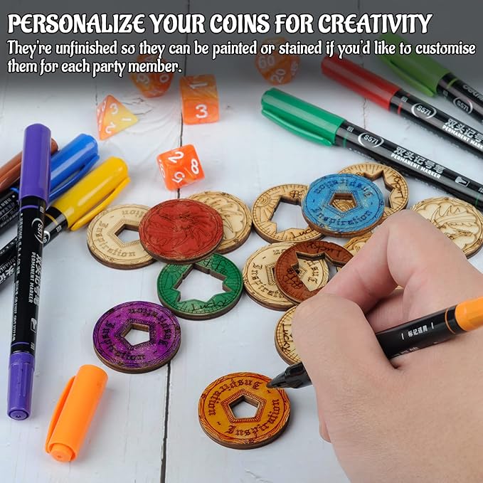DND Tokens Laser Cut Wood Coins Set of 15 in 3 Styles - Lucky Clover, Inspiration and Dragon - Perfect for Dungeons & Dragons, Pathfinder, RPG and Board Game