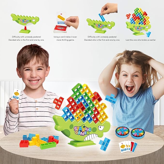 iYuePeng 48Pcs Dinosaur Stack Attack Building Balance Game, Swing Stack Board Game with Cards for Kids Age 3+, Drop The Pile of Blocks Toys for Kids & Adult, 2 Players, Family, Parties, Travel