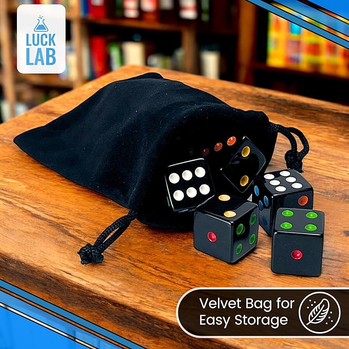 Luck Lab 10 Piece D6 Multicolor Pip Dice Pack - Acrylic 16mm Square Edge Standard Dice for RPG MTG DND Table Games and Board Games, Storage Bag Included (Black Multicolor)