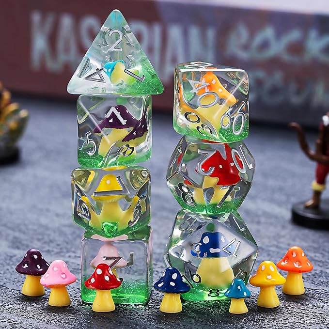D&D Resin Mushrooms Dice Set, Polyhedral DND Dice Colored Mushrooms Inclusion Dice for Dungeons and Dragons MTG RPG Board Games