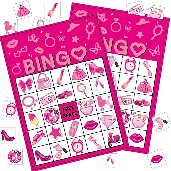Pink Party Bingo Games Hot Pink Birthday Party Game for Kids Adults Girls Birthday Party Favors 24 Players Bingo Cards Princess Doll Game for Family Holiday Gatherings Party Supplie
