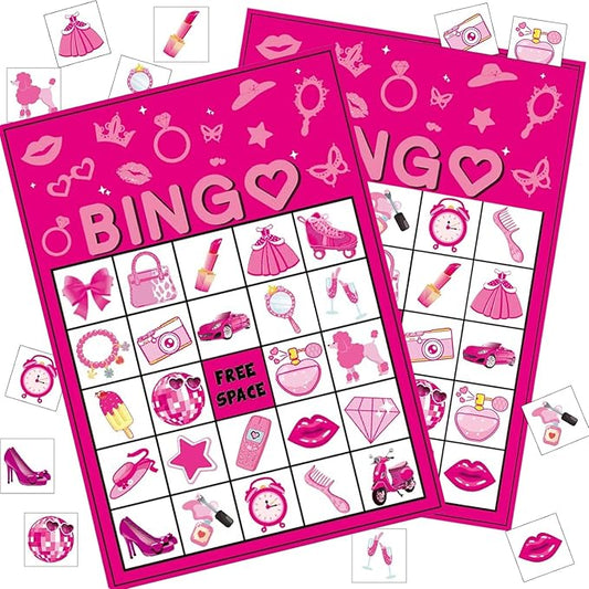 Pink Party Bingo Games Hot Pink Birthday Party Game for Kids Adults Girls Birthday Party Favors 24 Players Bingo Cards Princess Doll Game for Family Holiday Gatherings Party Supplie
