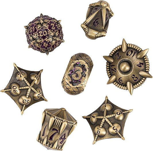 UDIXI Dragon Metal Dice Set D&D, 7-die Polyhedral Dice Set with Unique Shape for DND Dungeons and Dragons Role Playing Games and Tabletop Game (Bronze with Purple Number)