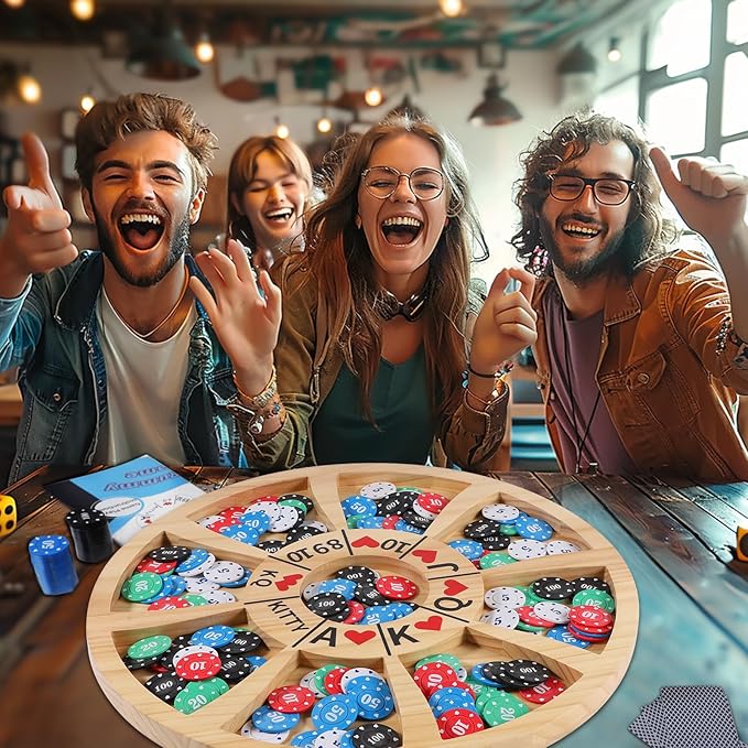 Michigan Rummy Game Luxury Set Royal Hearts Rummy Poker Wooden Tripley Board Game Bravado Game Classic Family Card Game 100 Chips 2 Playing Cards (Large Circular Shape, Log Color)