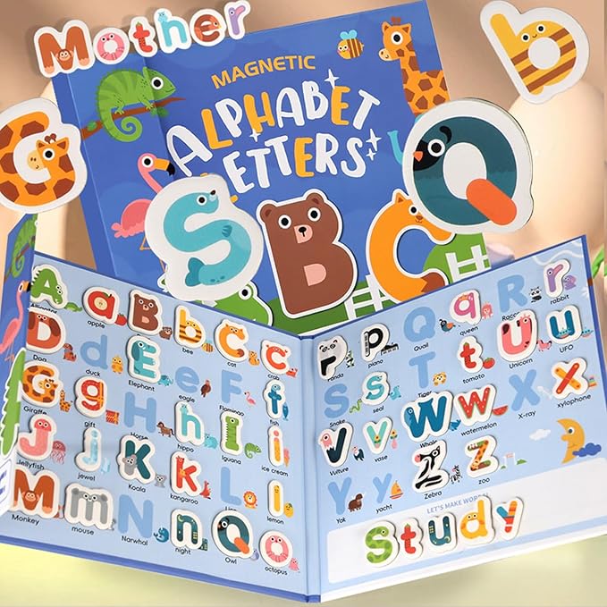 Portable Animals Magnetic Alphabet Letters Learning Board, Foldable, Upper & Lowercase, Spelling, Fridge Magnets for toddlers 1-3, Travel Toys, 3 4 5 6 Year Old, Gifts for Boys Girls Toddlers