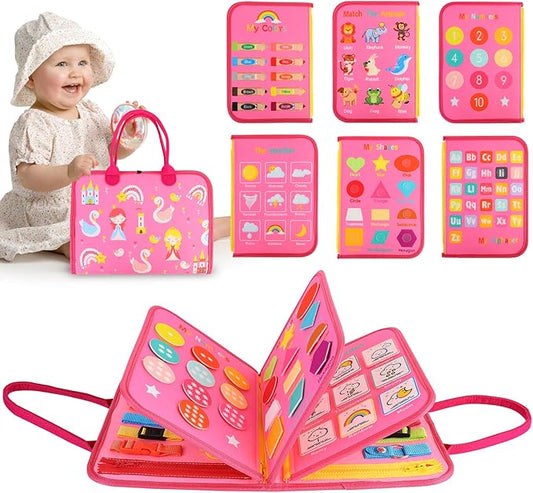 Busy Board for Toddlers Montessori Toys for 2 Years Old Girl Birthday Gift, 7 in 1 Preschool Learning Activities Toddler Travel Toys for Ages 1-4 with Life Skill, Car Ride Toys for Toddlers 1-3
