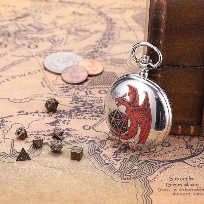 DND Pocket Watch Micro Polyhedral Dice Set Pocket Watch Shell for Dungeons and Dragons DND Dice Tabletop RPG and Board Games Gifts Silver Red