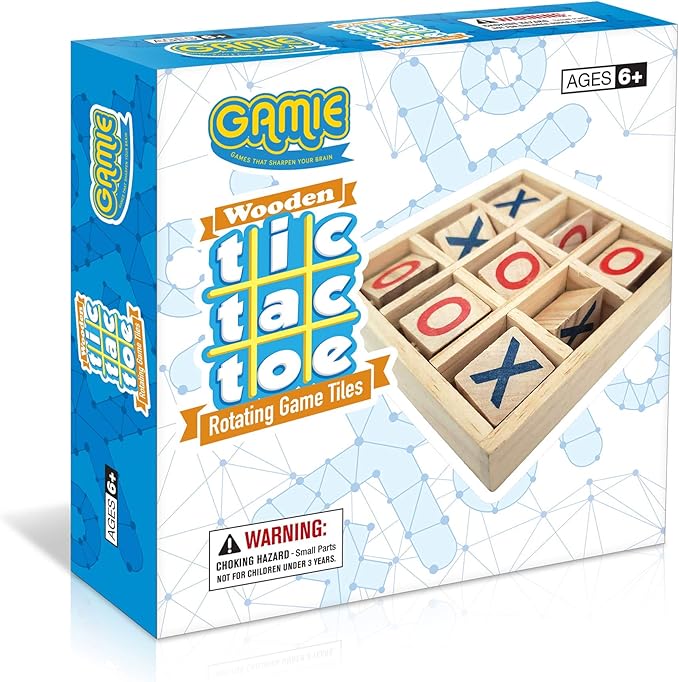 Gamie Wooden Tic-Tac-Toe Game, Small Classic Wood Travel Game for Kids with Fixed Spinning Pieces, Fun Indoor Night Activity for Boys and Girls