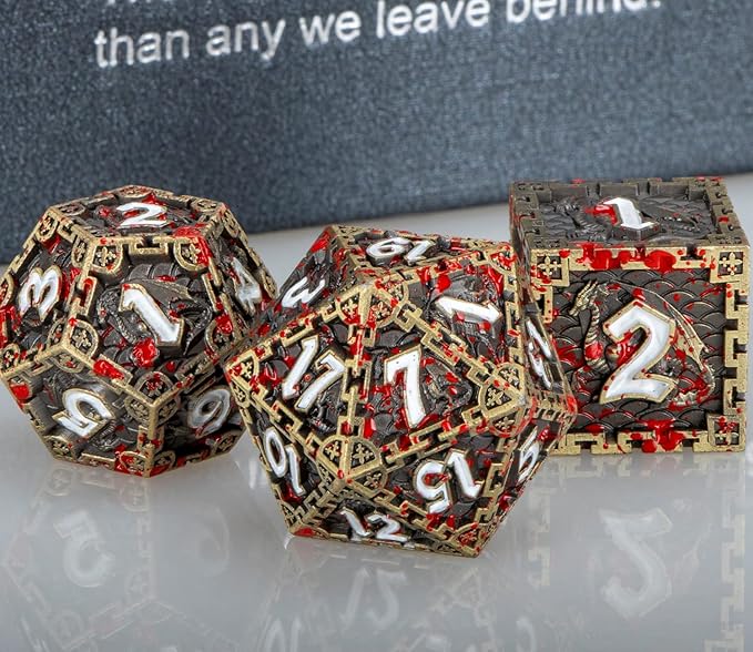 ARUOHHA Metal Blood DND Dice with Gift Box, Bronze Dragon Design Large Polyhedral Dice RPG Role Playing Games D and D D20 D12 D10 D8 D6 D4
