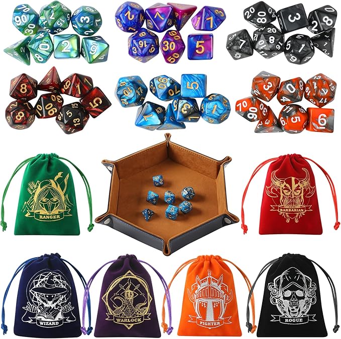 D&D Dice Set with Characters Pattern Dice Pouches, 42 Pcs polyhedral dice Set, PU Leather and Velvet dice Tray for Dungeons and Dragons D&D RPG MTG Table Games