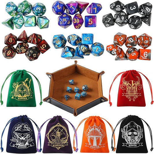 D&D Dice Set with Characters Pattern Dice Pouches, 42 Pcs polyhedral dice Set, PU Leather and Velvet dice Tray for Dungeons and Dragons D&D RPG MTG Table Games