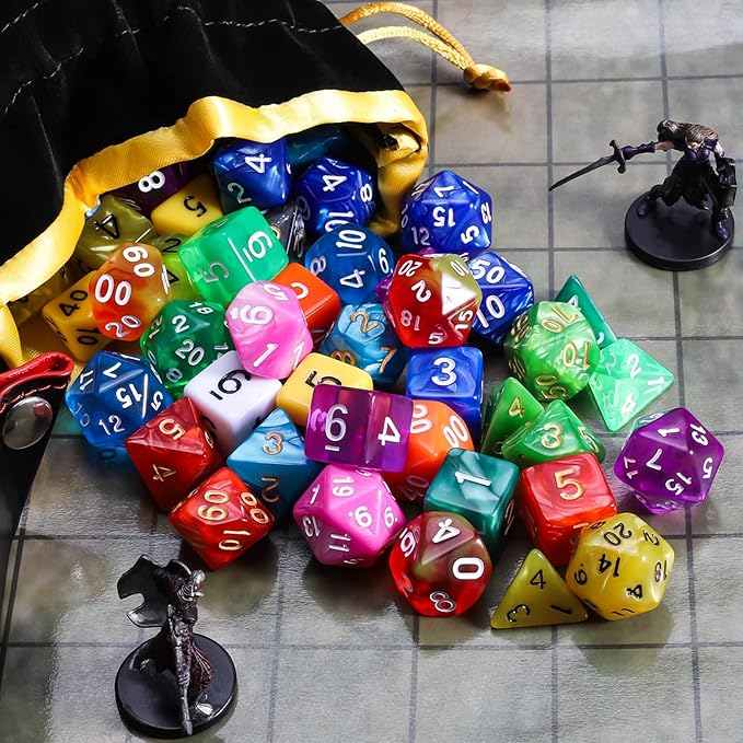 QMay DND Dice Set 15 X 7 Polyhedral Dice (105pcs) with 1 Large Flannel Bag, D&D Dice (D4 D6 D8 D10 D% D12 D20) for Dungeons and Dragons RPG MTG Table Games