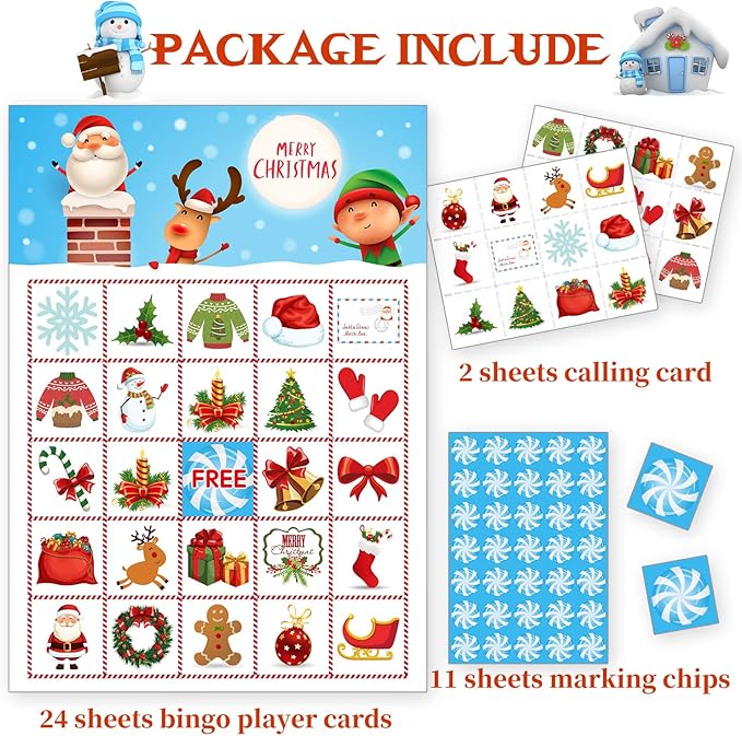 Funnlot Christmas Bingo Game for Large Group - Holiday Activity for 24 Players, Preschool Classroom, Family - Snowman Xmas Gifts