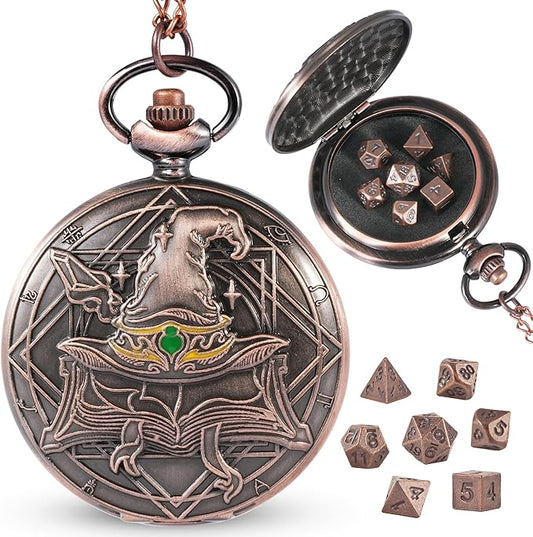 D&D Dice Set,7PCS Metal Dice for Dungeons and Dragons,Mini Dice Set with Pocket Watch Case,Role Playing Board Games Accessories (Wizard, Copper)