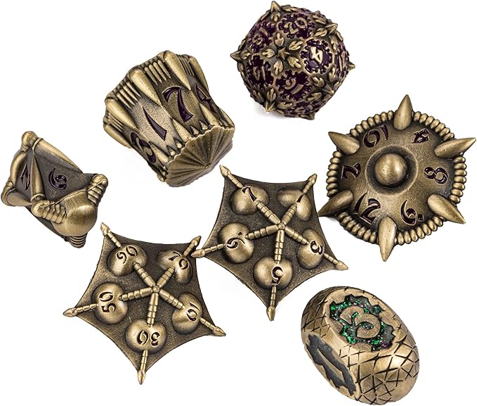 UDIXI Dragon Metal Dice Set D&D, 7-die Polyhedral Dice Set with Unique Shape for DND Dungeons and Dragons Role Playing Games and Tabletop Game (Bronze with Purple Number)
