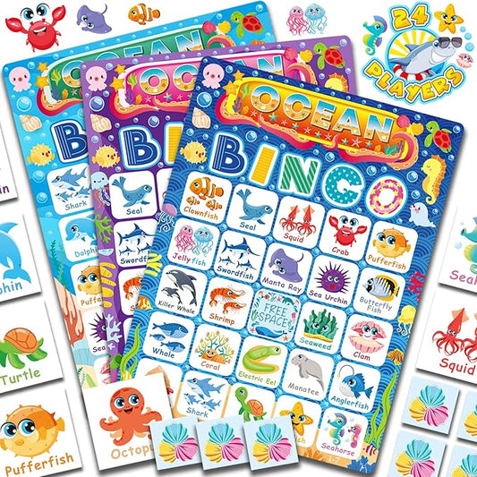 Ocean Bingo Game 24 Players Ocean Animals Bingo Game for Kids Bingo, Under The Sea Party Bingo Games for Family Classroom Activity Ocean Party Supplies