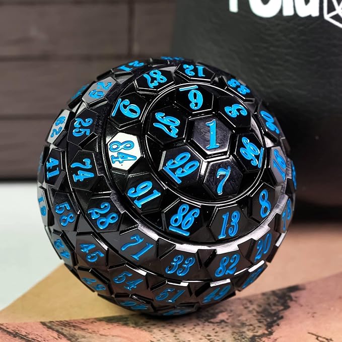 100 Sided Polyhedral Dice, Single D100 Game Dice, 100 Sided Cube with Black Pouch, D100 die 48 mm (Black with Blue Number)