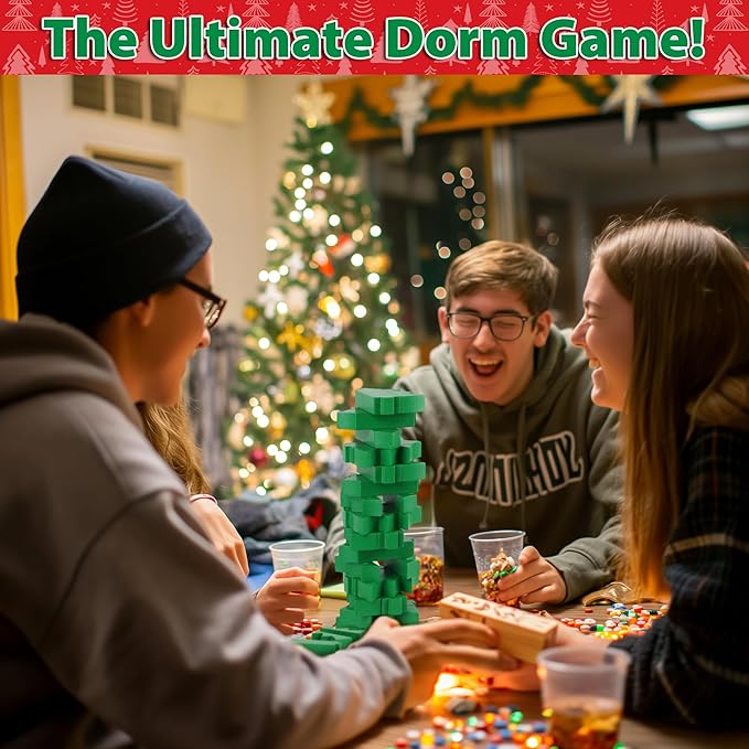 Funwares Wooden Blocks Stacking Game, Tumbling Tower and Balance Game, Family & Party Fun, Game for Kids and Adults, Ages 6+, Santa’s Christmas Tree Stack-Up, Christmas Tree Wood Blocks Stacking Game