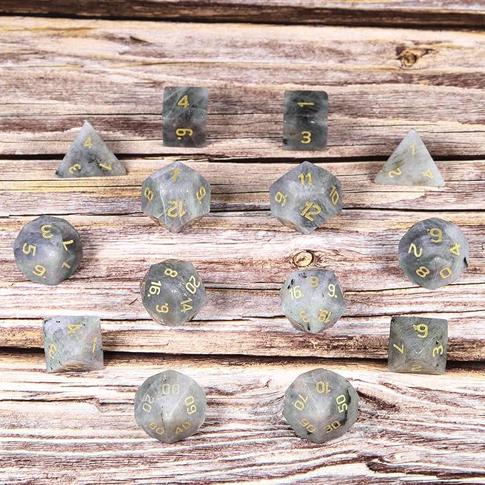TUMBEELLUWA Engraved Crystal Stone Polyhedral Dice Set for RPG MTG Dungeons and Dragons Table Game 7 Pieces DND Board Game Dices with Pouch, Labradorite