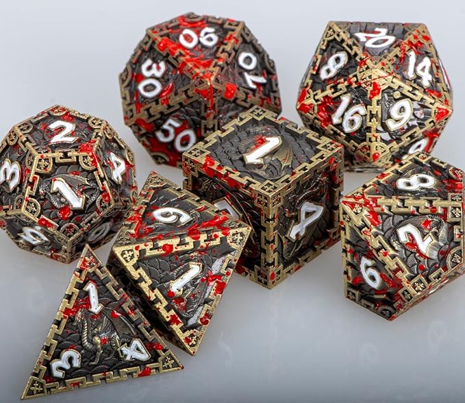 ARUOHHA Metal Blood DND Dice with Gift Box, Bronze Dragon Design Large Polyhedral Dice RPG Role Playing Games D and D D20 D12 D10 D8 D6 D4