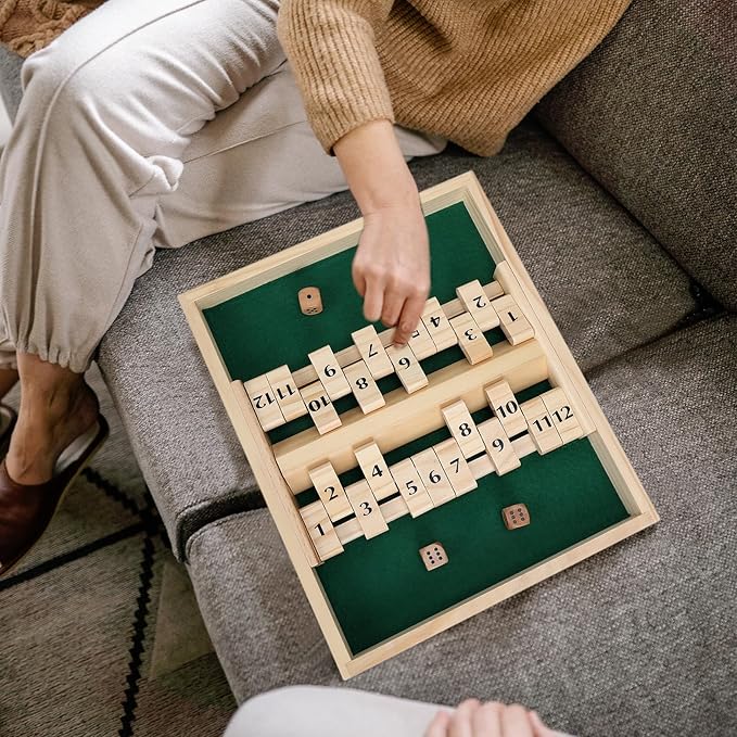 GOTHINK Wooden Shut The Box - Fun Table Math Game with Wooden Board for Adults & Kids - 12 Spots Dice Game with 4 Dices for 2+ Player Games, Popular Pub Board Game, Ideal for Game Night, Travel