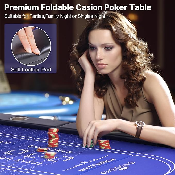 10 Player Poker Table Foldable, 84" Folding Blackjack Texas Holdem Table, Portable Casino Leisure Card Board Game Table with Cup Holders and Padded Rails for Game Room (Black)