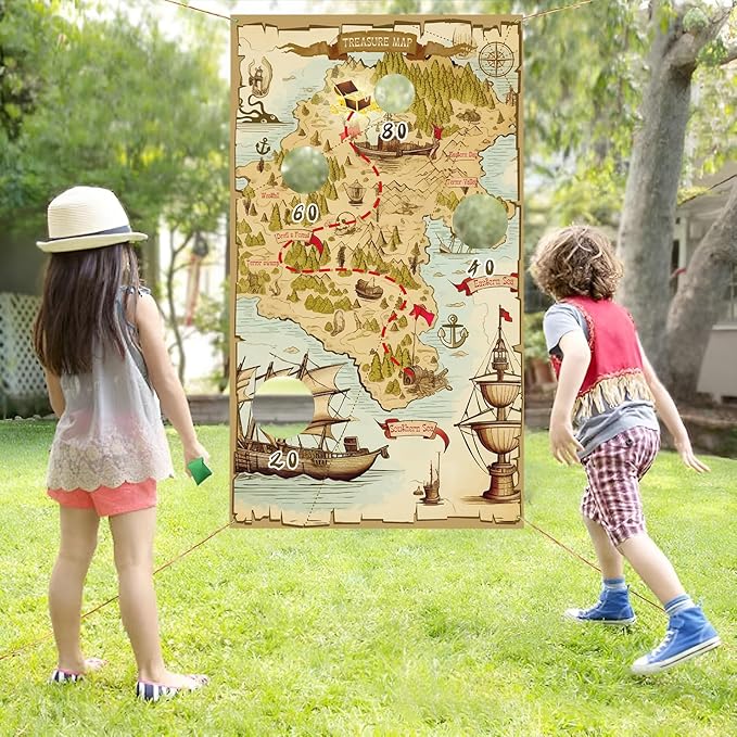Carnival Pirate Party Games, Pirate Toss Games Banner with 4 Bean Bags Set for Indoor Outdoor Toss Across Game Treasure Map Theme Carnival Games for Kids Birthday Party Supplies Decoration