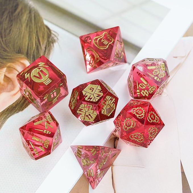 Cusdie Sharp Edges DND Dice, 7 PCs D&D Dice, Handcrafted Polyhedral Dice Set, for Role Playing Game Pathfinder (Red/Roman Numerals)