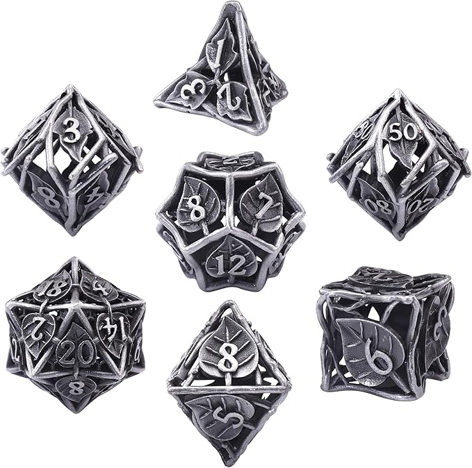 AUSTOR 7 Pieces DND Dice Set Leaf Metal DND Dice Hollow Polyhedral Dice D20 D12 D10 D% D8 D6 D4 Metal Dice with Metal Box for Dungeons & Dragons RPG Board Games(Antique Iron)