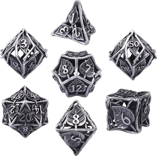 AUSTOR 7 Pieces DND Dice Set Leaf Metal DND Dice Hollow Polyhedral Dice D20 D12 D10 D% D8 D6 D4 Metal Dice with Metal Box for Dungeons & Dragons RPG Board Games(Antique Iron)