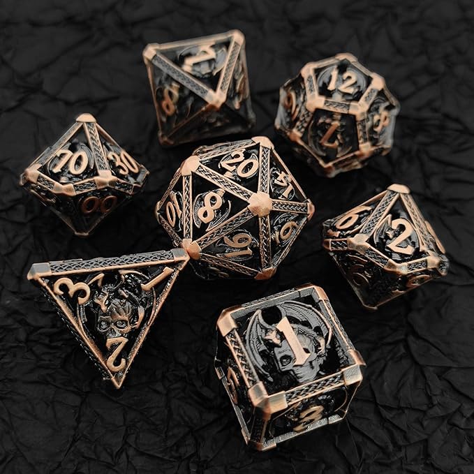 DND Dice Set D&D 7pcs Metal Hollow Dungeons and Dragons Polyhedron with Dice Bag Gift RPG MTG Role Playing Pathfinder Card Table Games D20 D12 D10 D% D8 D6 D4 Accessories-Red Copper